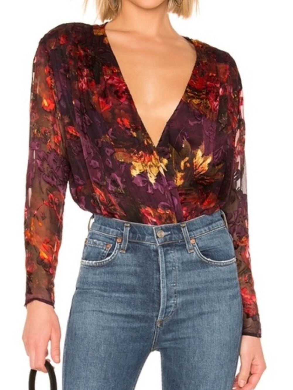ASTR The Label Maren Floral Semisheer Burnout Velvet Bodysuit Size XS